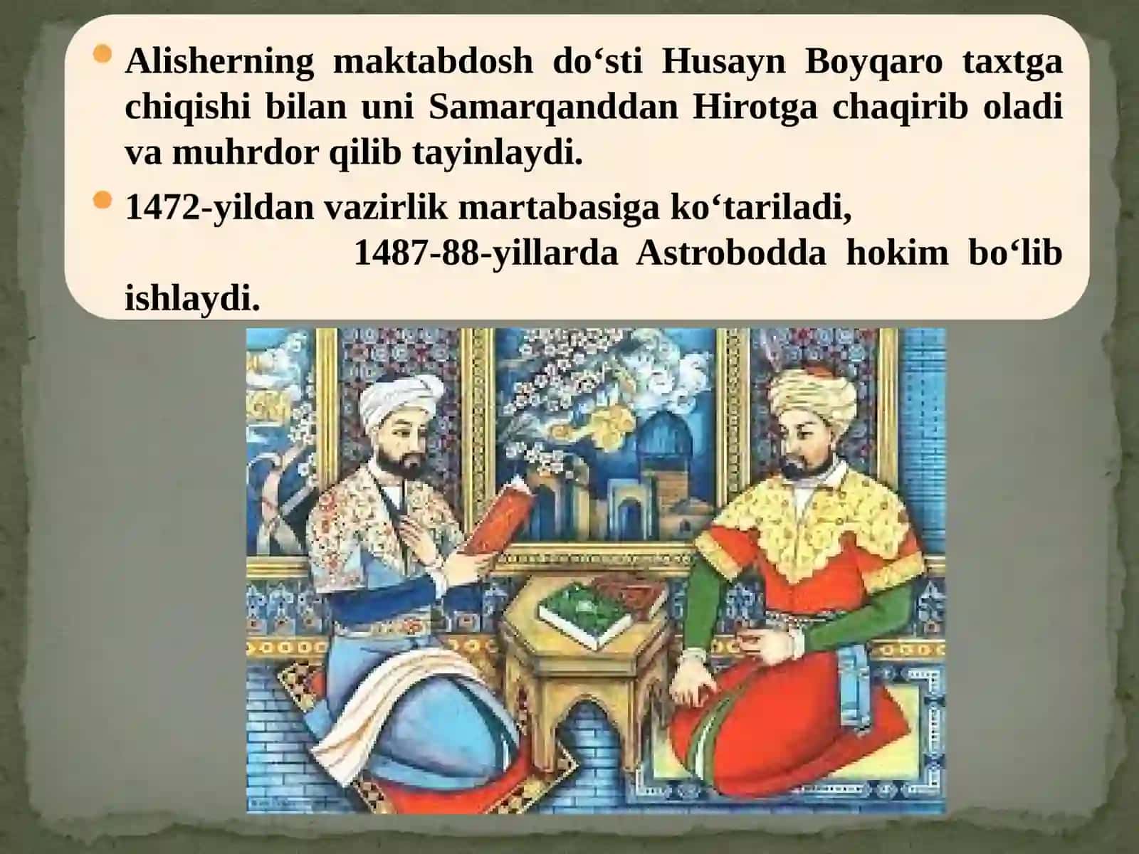 O‘tmish mavzusida «Tarixi mulki Ajam» («Ajam, ya’ni arab bo‘lmagan mamlakatlar tarixi»); «Tarixi anbiyo va hukamo» («Payg‘ambarlar va donishmandlar tarixi») asarlarini yozgan 2