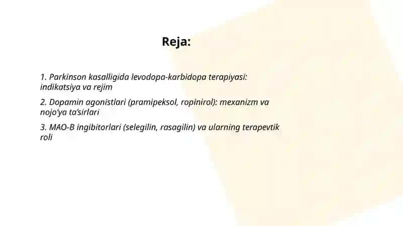 Parkinson kasalligini davolashda ishlatiladigan dori vositalari. Epilepsiyaga qarshi vositalar 2