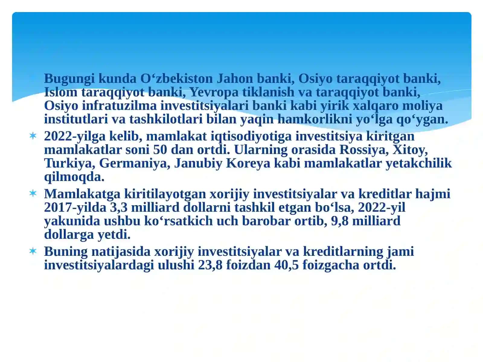 O’zbekistonda invistisiya ishtirokidagi korxonalarning iqtisodiy o’sishga ta’siri 2