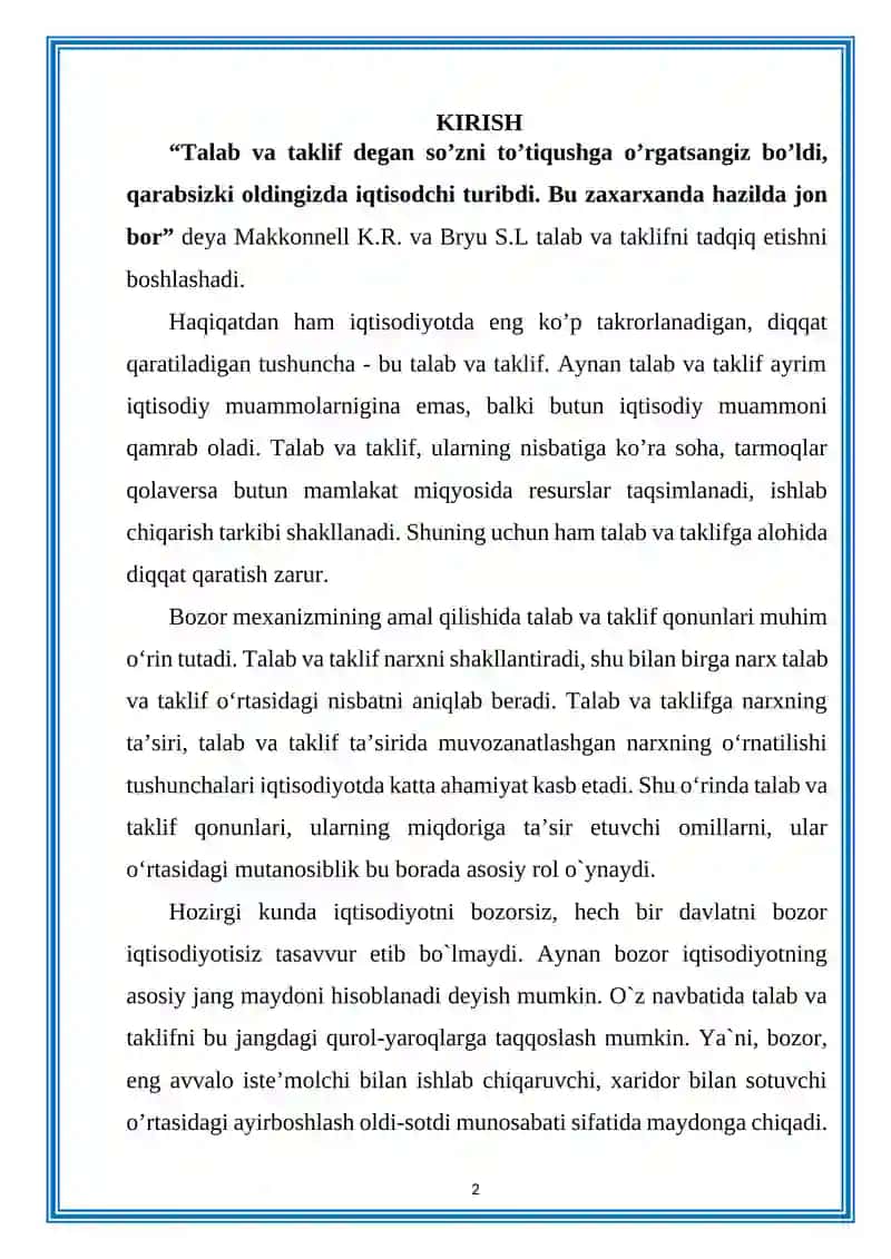 Talab va Taklifning Ozaro Bog'liqliği Bozor Muozanati va uning Turlari 2