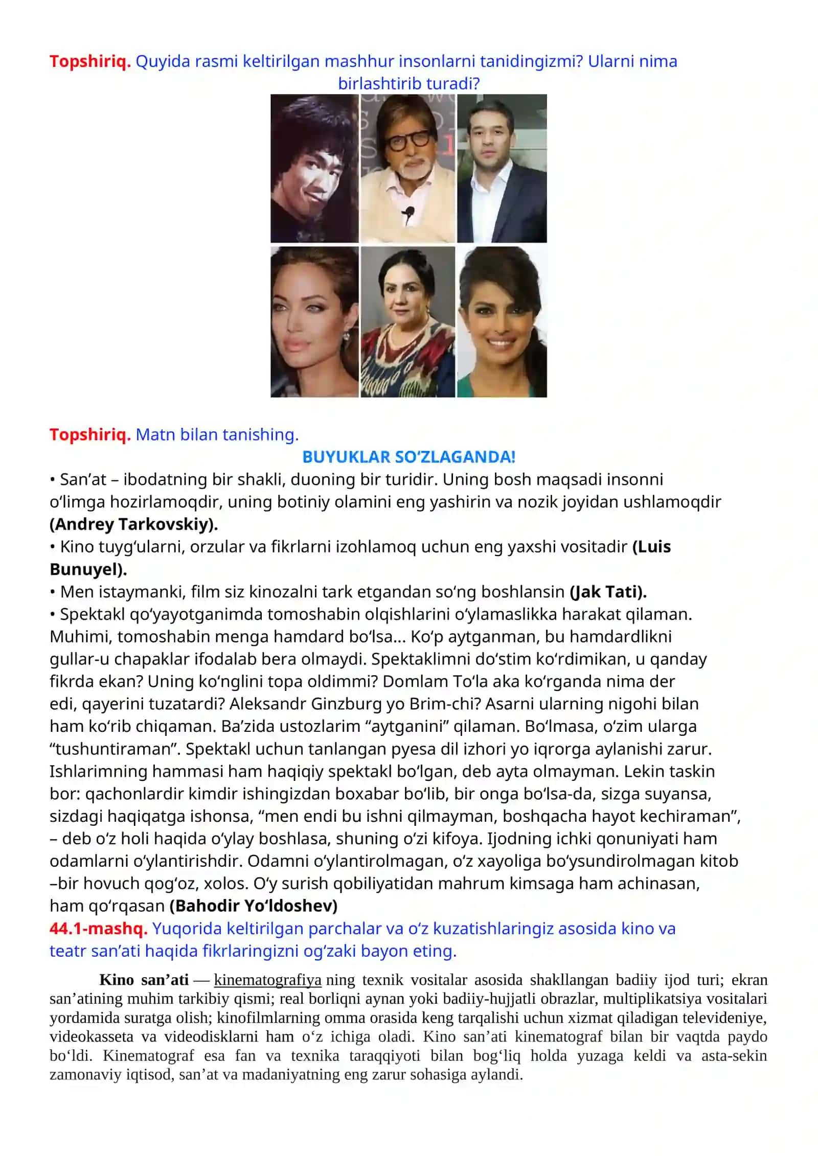 10-sinf Ona tili fanidan Kino san'ati. Tinish belgilariga oid topshiriqlar 2