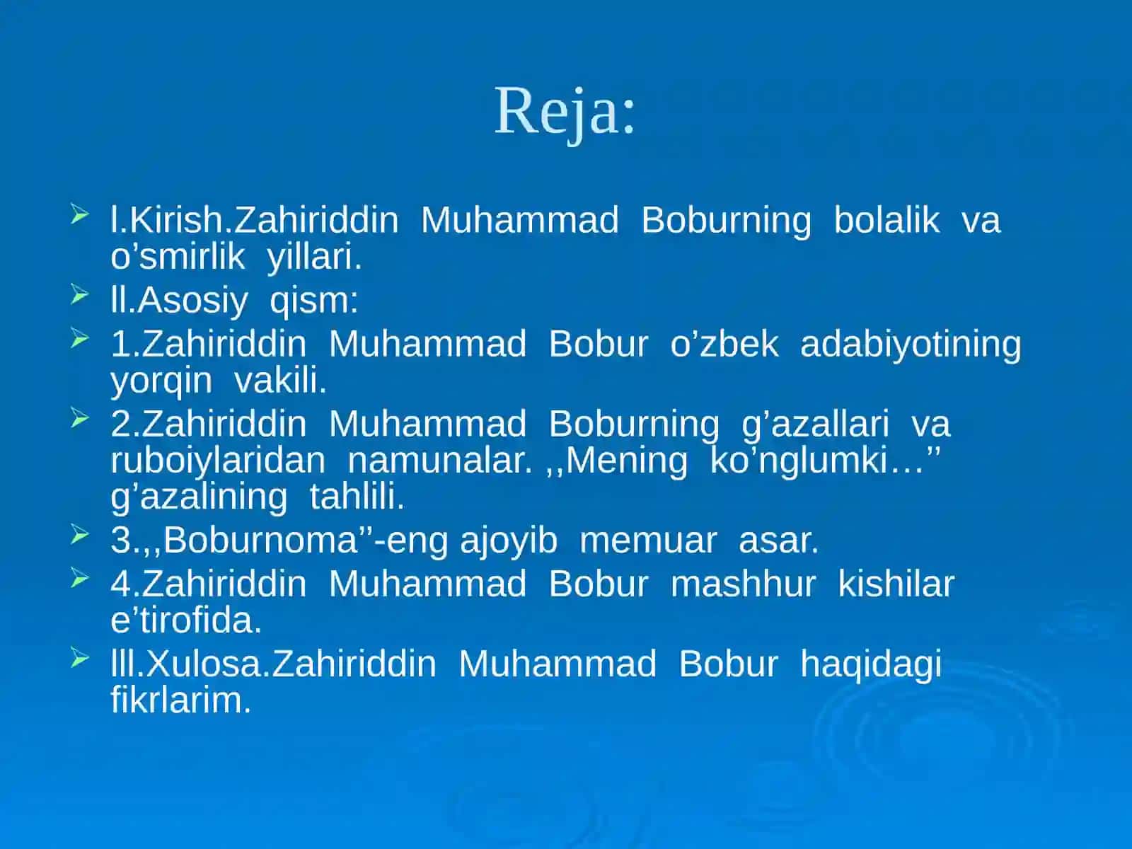 5-sinf Adabiyot Zahiriddin Muhammad Bobur hayoti va ijodi dars ishlanma va taqdimoti 2