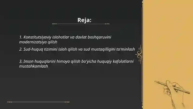Oʻzbekiston huquqiy siyosiy islohotlarning amalga oshirilishi, demokratik jamiyatni shakllantirish yoʻlidagi islohotlar 2