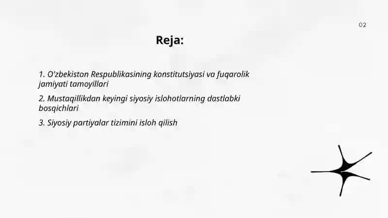 O'zbekistonda demokratik fuqarolik jamiyati asoslarining shakllanishi, amalga oshirilgan siyosiy islohotlar Tojiqulov Ozodbek 2