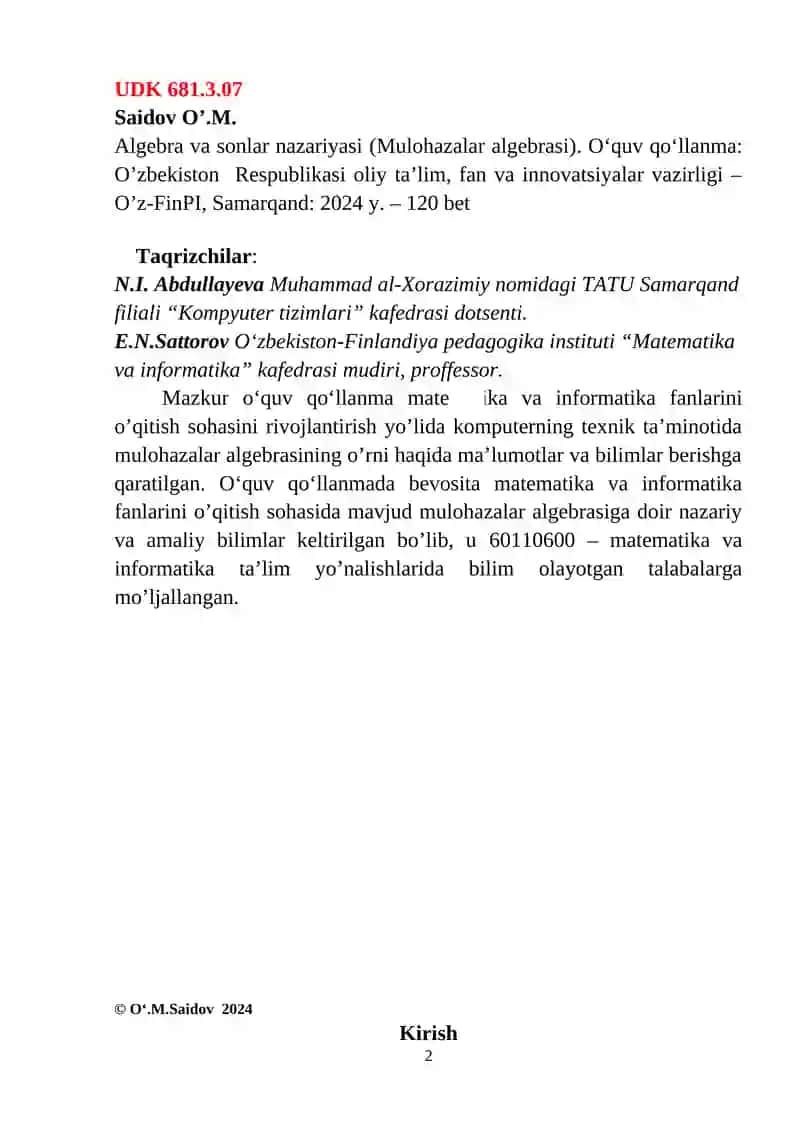 Algebra va sonlar nazariyasi (Mulohazalar algebrasi) 2
