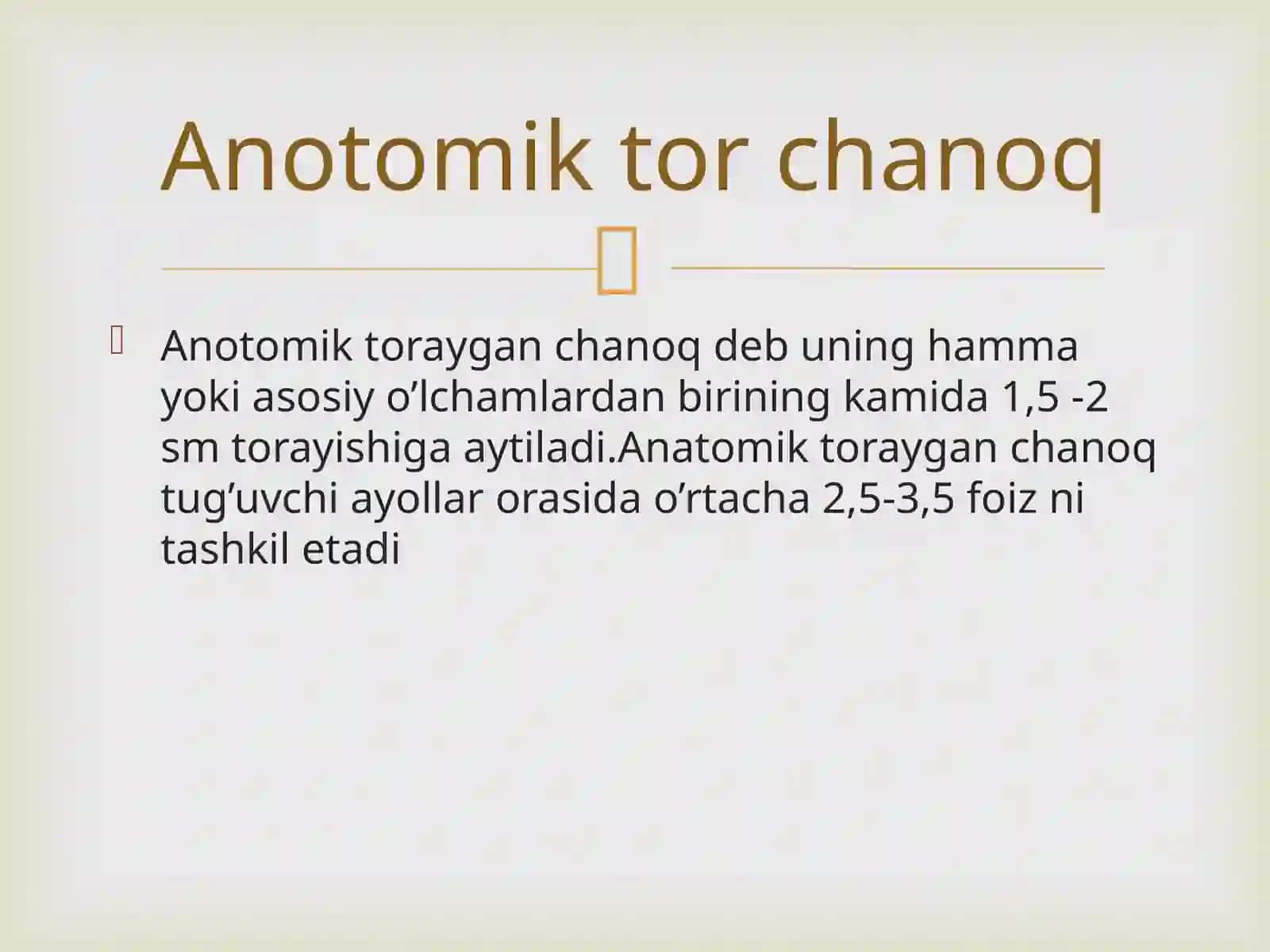 Tor chanoq etiologiyasi,tasnifi,tashxislash.Tug’dirish usullari.Homiladorlik va tug’ruqni kechishi.Anotomik va klinik tor chanoqlarda tug’dirish usullari.Homila boshi va ona chanog’i disproporsiyasi.Funksional tor chaqonni kelib chiqish 2