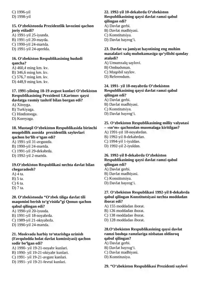 O‘ZBEKISTONNING ENG YANGI TARIXI FANIDAN YAKUNIY NAZORAT TEST SAVOLLARI (200 TA) 2025-2026 O‘QUV YILI 2