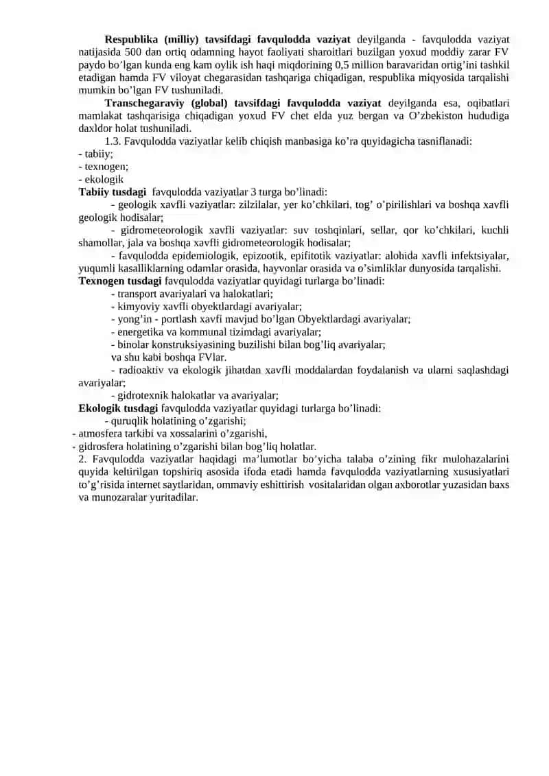 Favqulodda vaziyatlarning tasnifi, tavsifi va ularning xususiyatlari 2