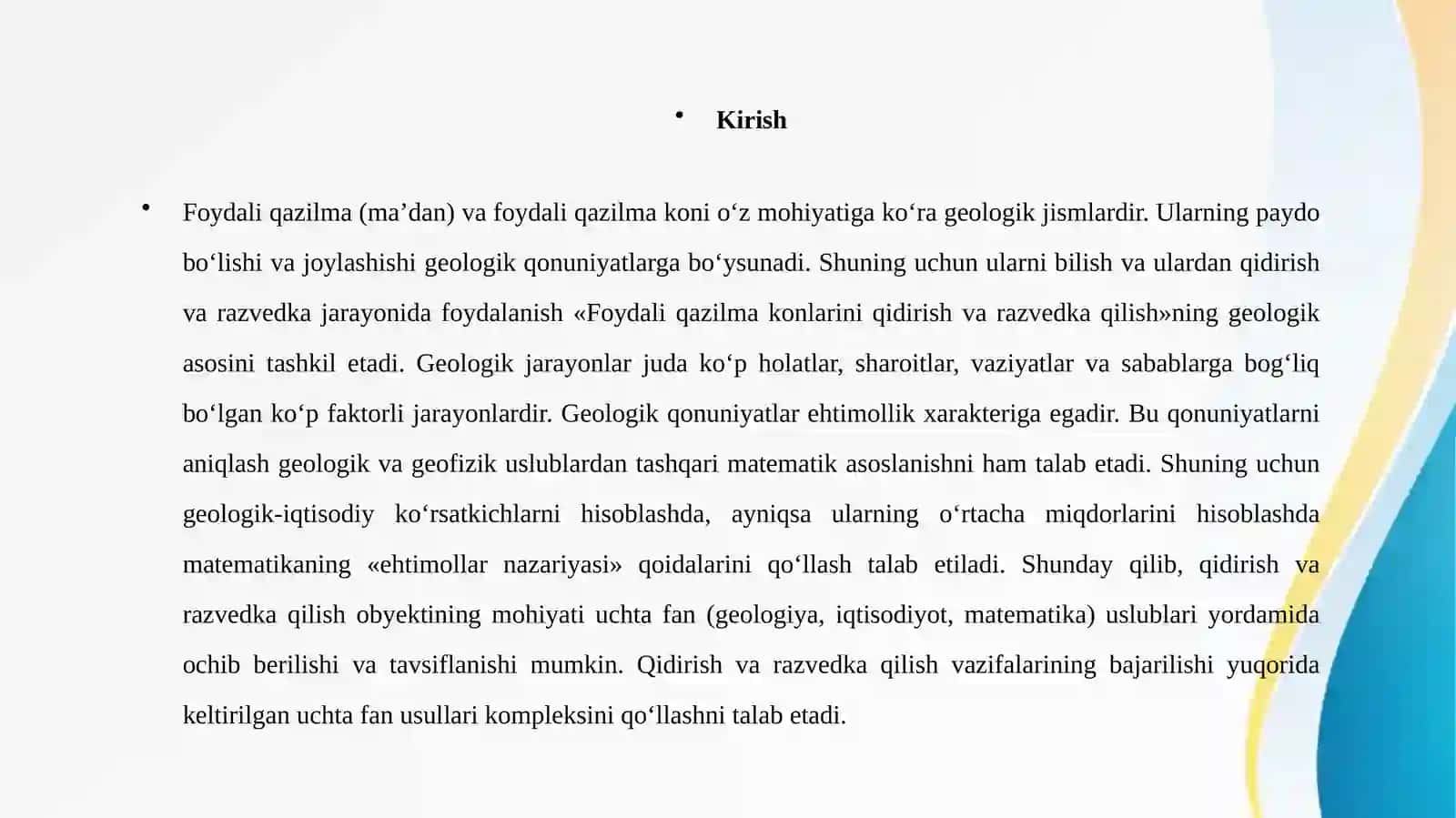 Razvedka qilish maqsadida  foydali qazilma boyliklarini tartiblash, guruhlarga ajratish 2