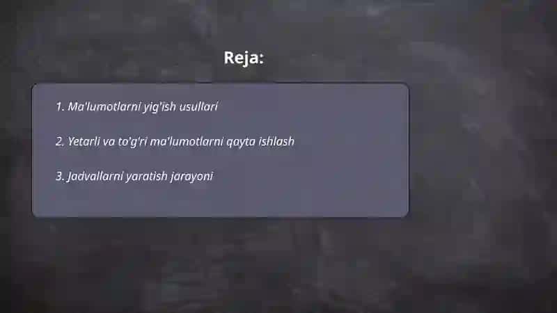 Maʼlumotlarni yigʻish jadvallar va diagrammalar shaklida yasash 2