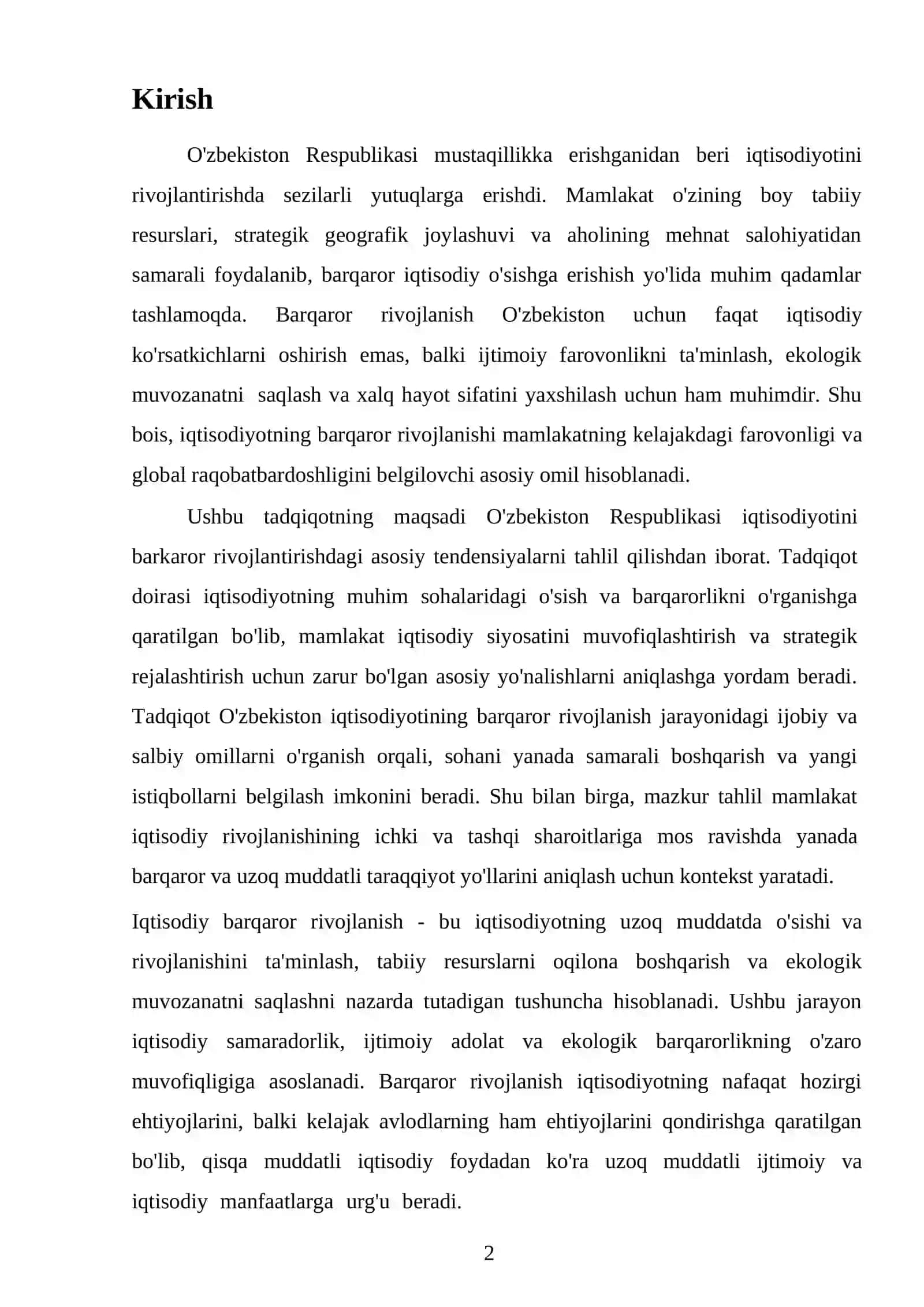 O'zbekiston Respublikasi iqtisodiyotini barkaror rivojlantirish tendensiyalari 2