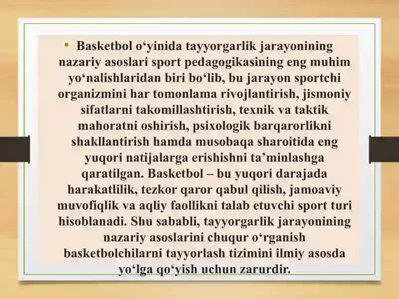 Basketbol o‘yinida tayorgarlik turlarining o‘rni va axamiyati 2