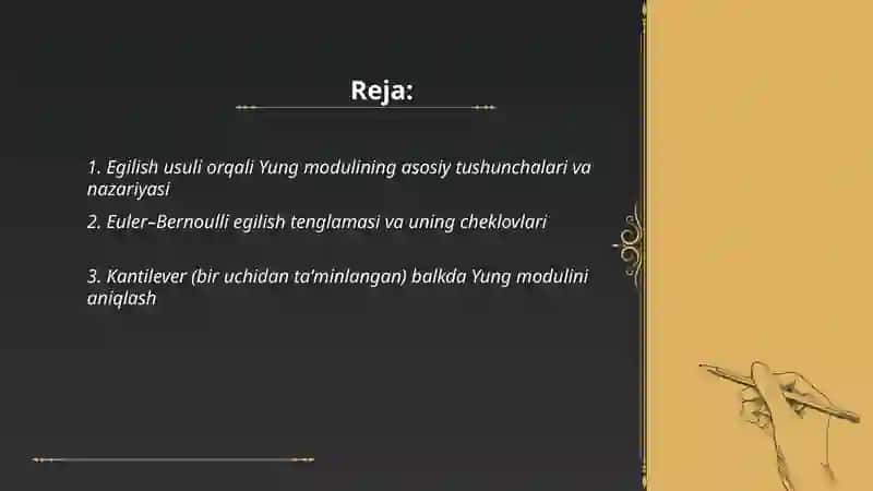 Egilish usuli orqali Yung modulini topish 2