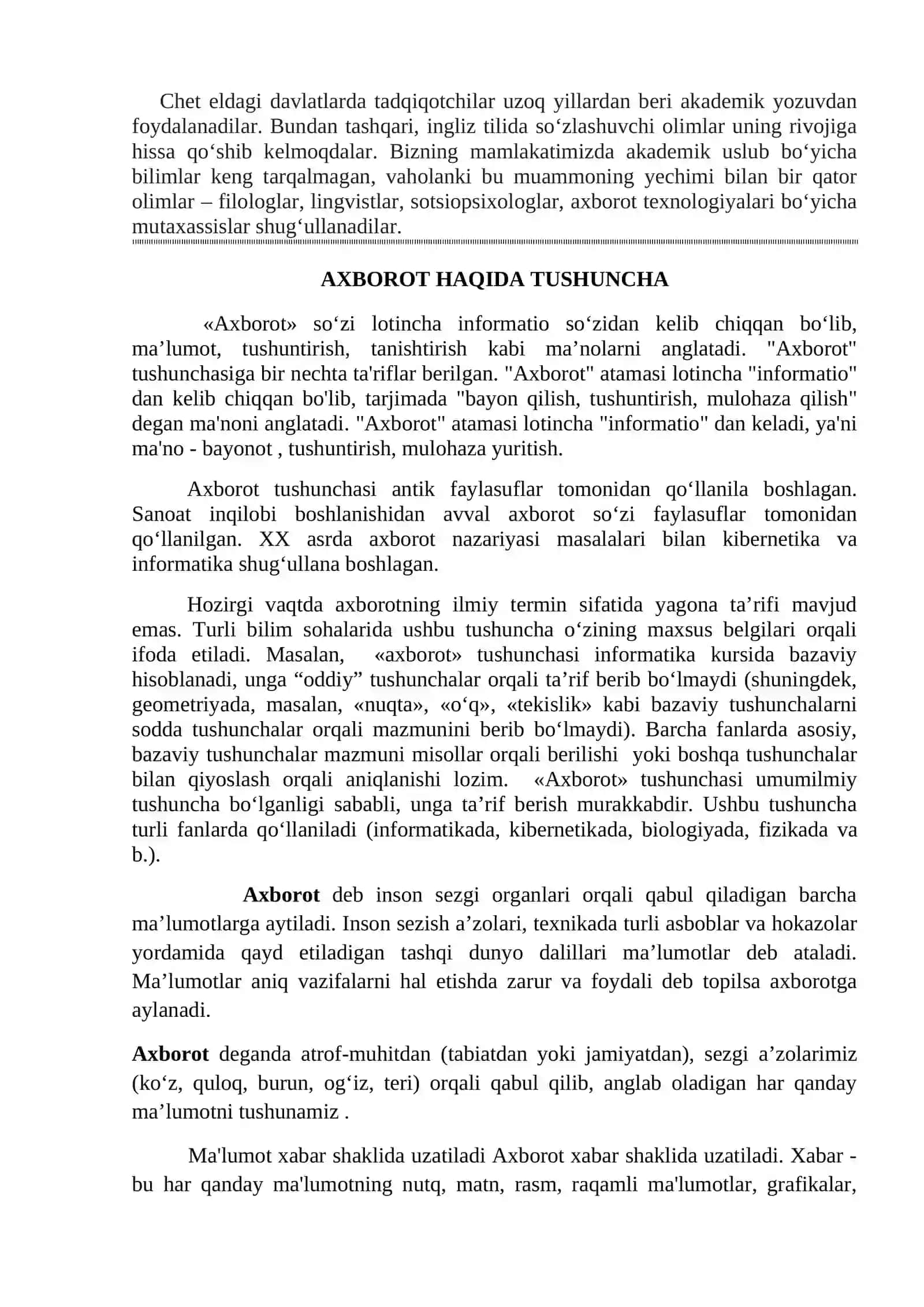 Akademik yozuv va axborot. Axborot turlari 2