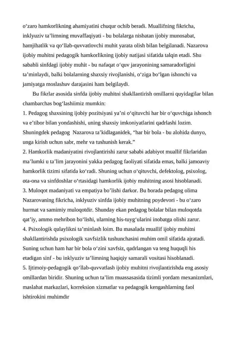 Inklyuziv sinflarda ijobiy muhitni rivojlantirish omillari. 2