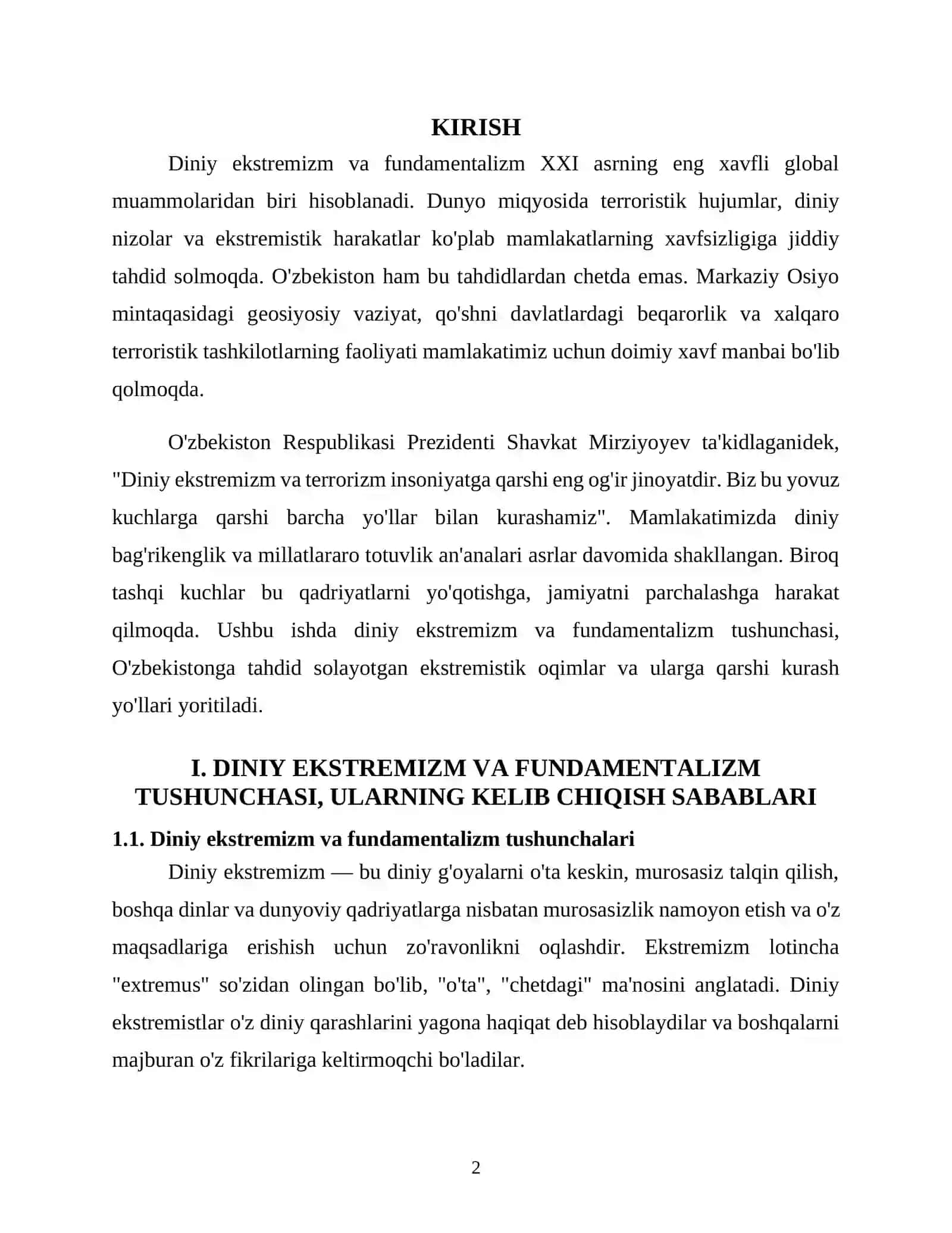 Diniy ekstremizm va fundamentalizm O'zbekiston Respublikasi milliy xavfsizligiga qaratilgan tahdid sifatida 2