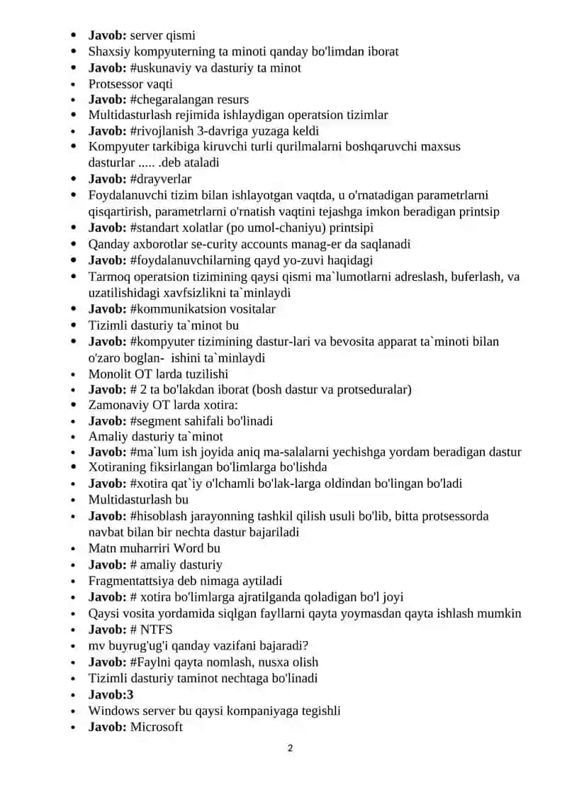 Operatsion tizimlar fanidan testlar 2