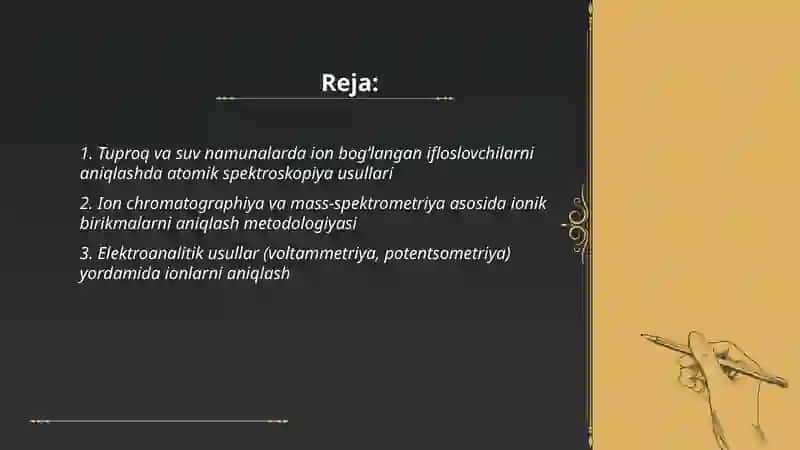Tuproq va suvning ifloslanishida ion bog'lanishida birikmalarni aniqlash va ulardan tozalash usullarini ishlab chiqish 2