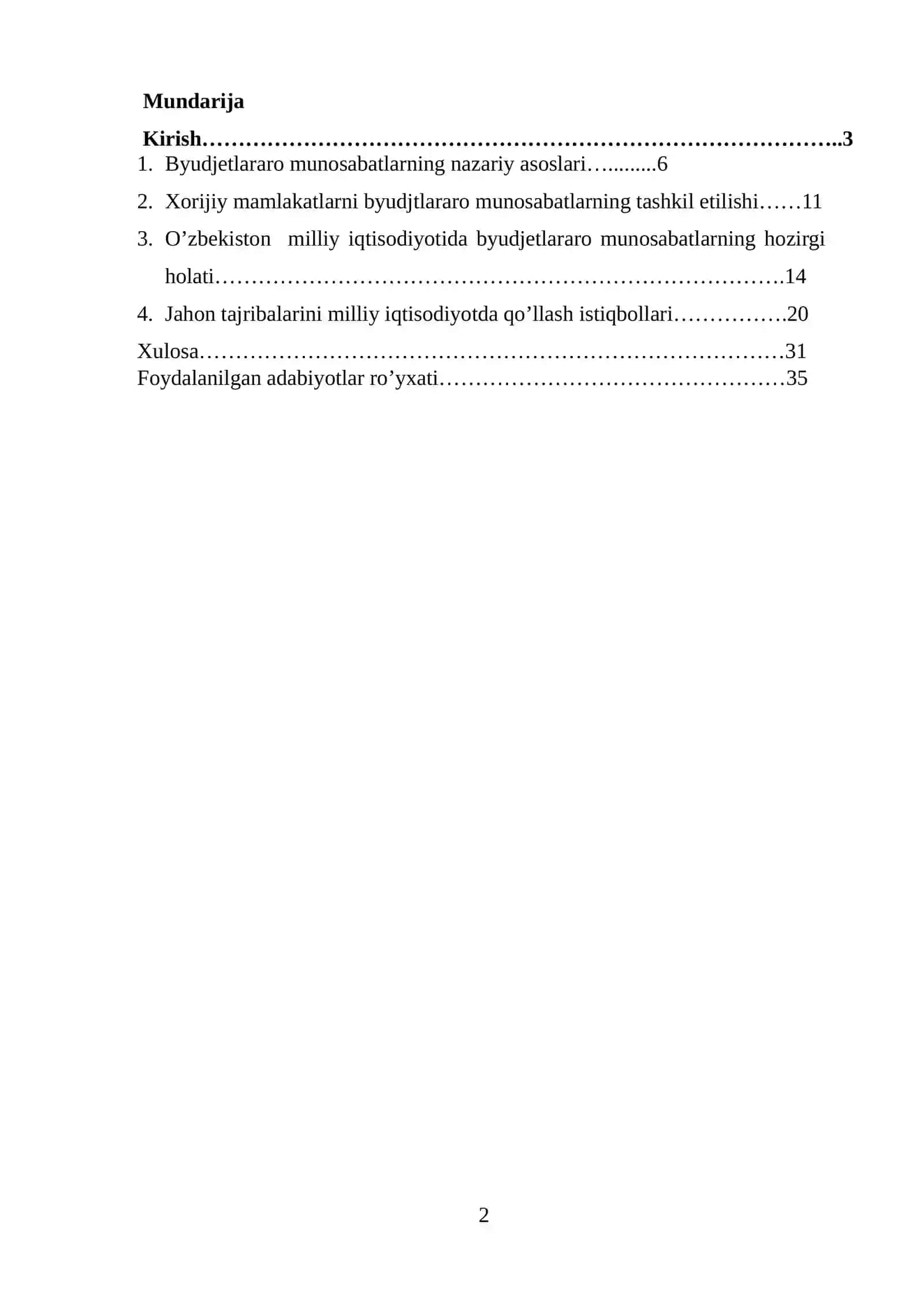 Byudjetlararo munosabatlarning jahon tajribalarini milliy iqtisodiyotda qo’llash muammolari va istiqbollari mavzusida kurs ishi 2