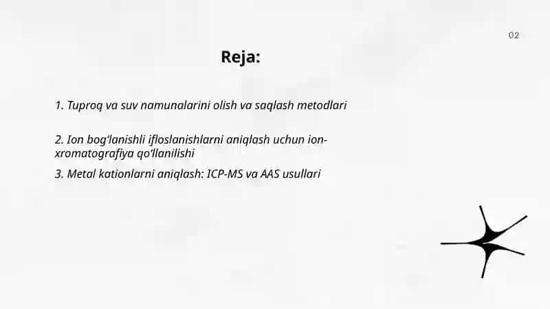 Tuproq va suvning ifloslanishida ion bogʻlanishli birikmalarni aniqlab ulardan tozalash usulini ishlab chiqish 2