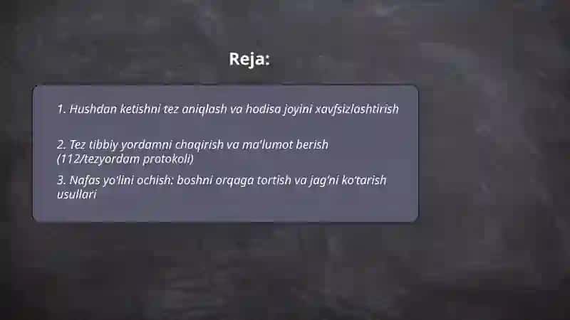 Hushdan ketgan bemorlarga vrachgacha boʻlgan yordam koʻrsatish 2