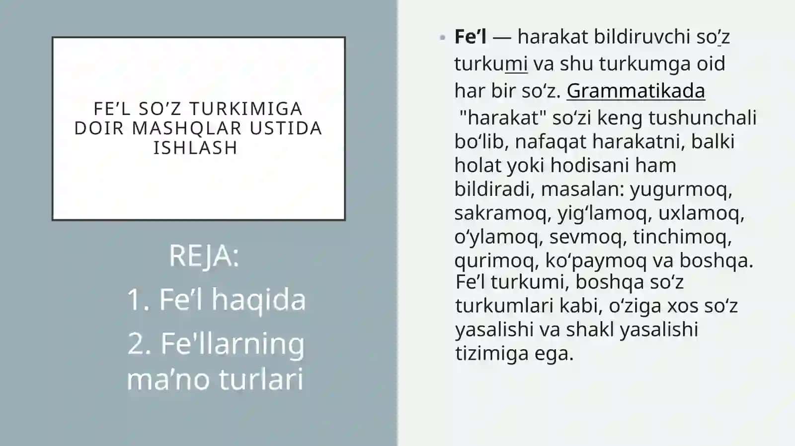 Fe’l so’z turkimiga doir mashqlar ustida ishlash 2