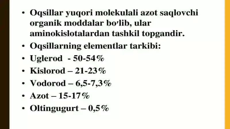Oqsillarning tuzilishi, xossalari va biologik vazifalari 2