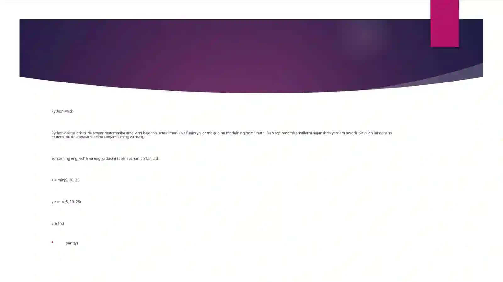 Python qo’llaniladigan matematik funksiyalar 2