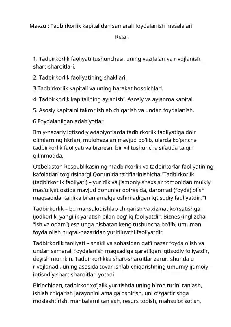 Tadbirkorlik kapitalidan samarali foydalansih masalalari 2