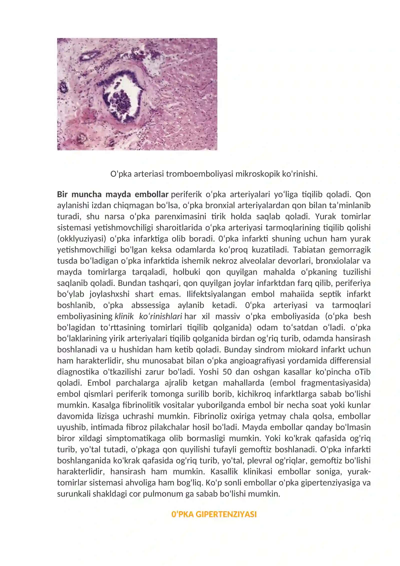 0‘pka tomirlari patologiyasi. 0‘pka arteriyasi va tarmoqlarining emboliyasi. 0‘pkaning infektsion kasalliklari 2