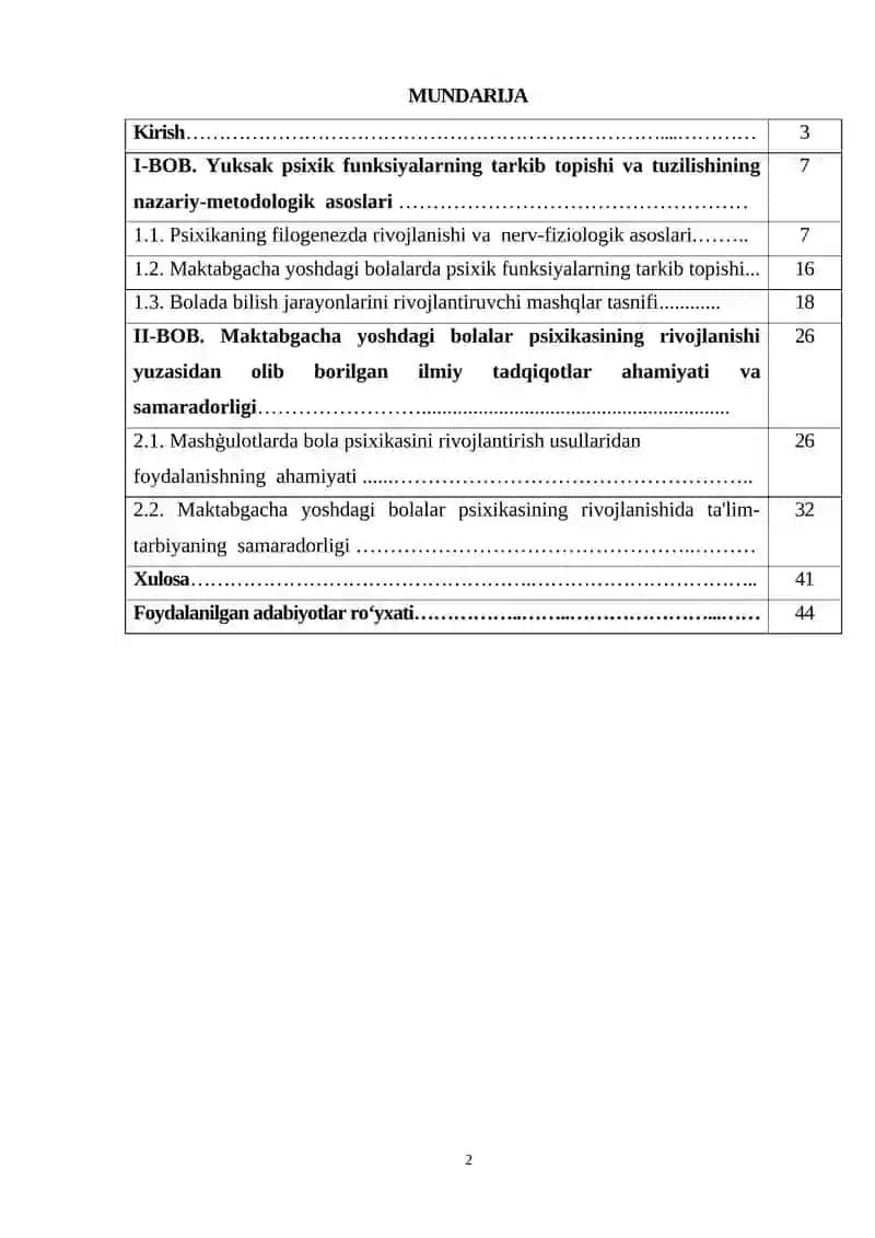 YUKSAK PSIXIK FUNKSIYALARNING TARKIB TOPISHI VA TUZULISHI KURS ISHI 2