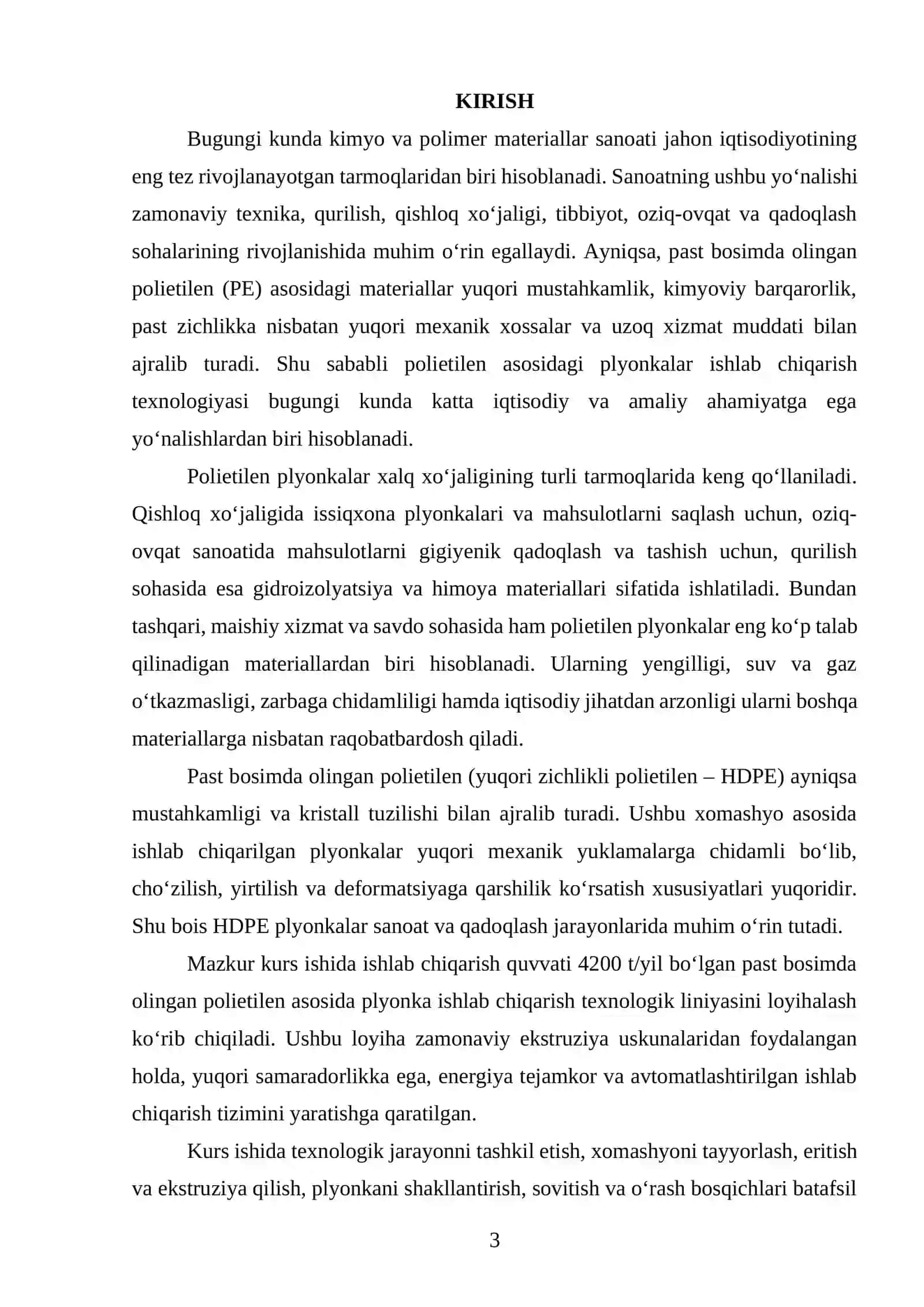Ish unumdorligini 4200 t/yil boʻlgan past bosimda olingan PE dan plyonka ishlab chiqaradigan texnologik liniyasini loyihalash 2