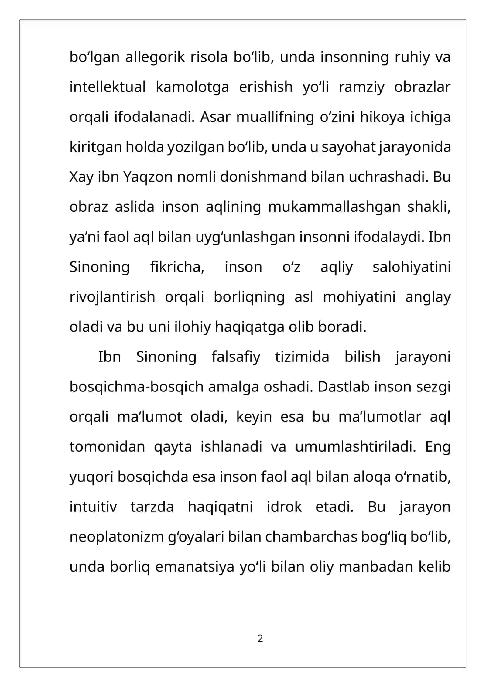 Ibn Tufayl va Ibn Sinoning “Xay ibn Yakzon o’g’li” risolasini qiysiy tahlil etish va esse tayyorlash. 2