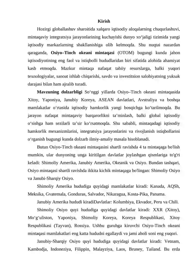 OSIYO -TINCH OKEANI MINTAQASIDAGI IQTISODIY HAMKORLIK VA RIVOJLANISH ISTIQBOLLARI 2