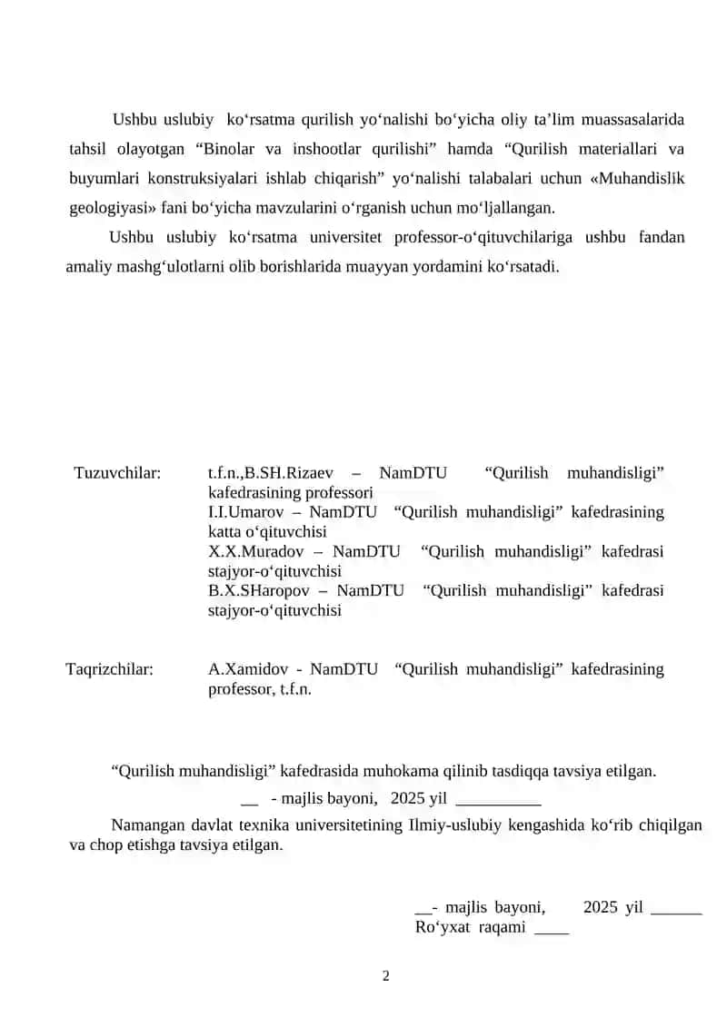 Muxandislik geologiyasi fani uslubiy ko‘rsatma 2