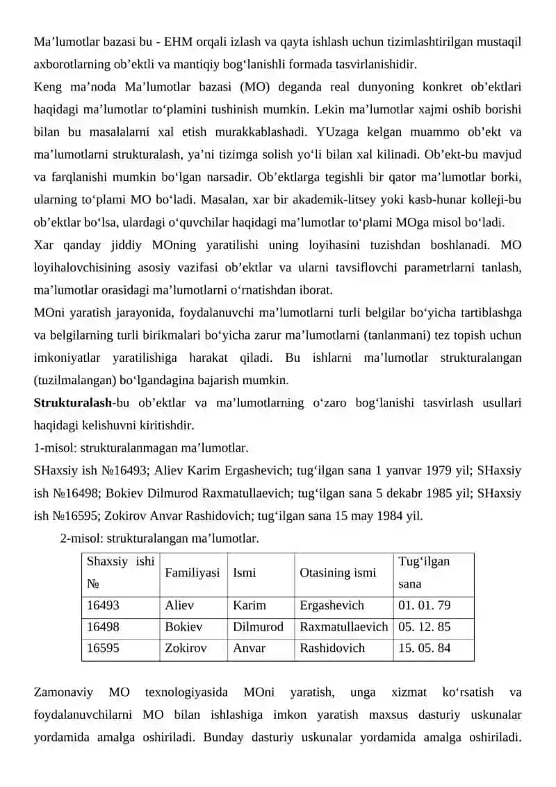 Ma’lumotlar bazasini boshqarish tizimi Relyatsion ma’lumotlar bazasini loyihalash 2