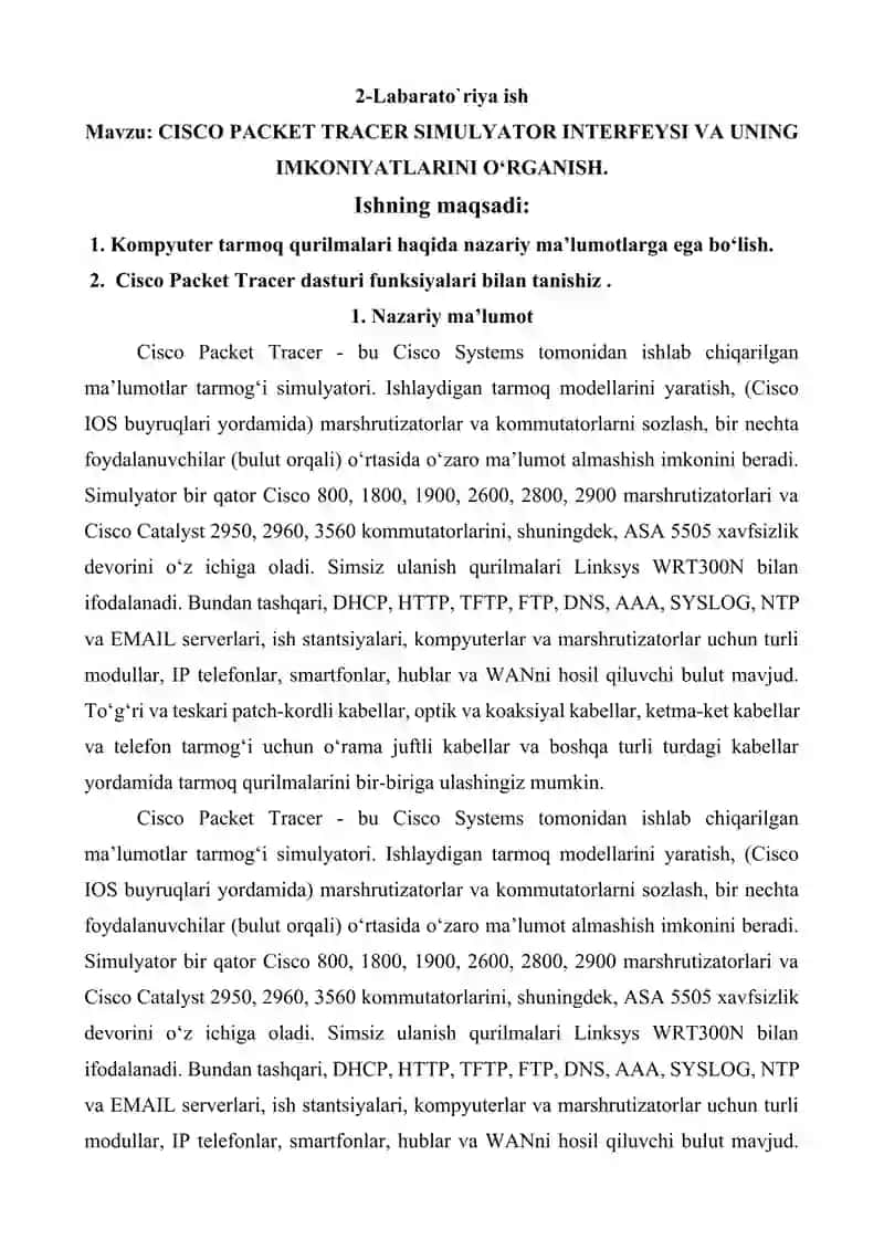 CISCO PACKET TRACER SIMULYATOR INTERFEYSI VA UNING IMKONIYATLARINI O‘RGANISH 2