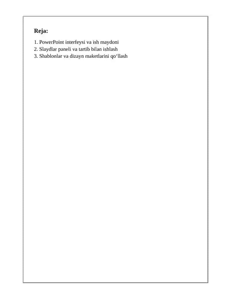 Microsoft powerpoint dasturining asosiy elementlari. Animatsion efifektlar. Taqdim etishni boshqarish 2