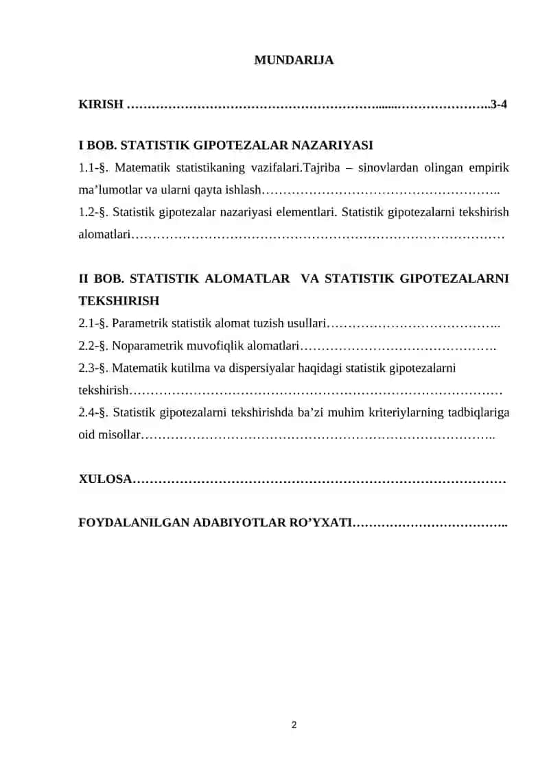 STATISTIK GIPOTEZALARNI TEKSHIRISHDA BA’ZI MUHIM KRITERIYLAR KURS ISHI 2