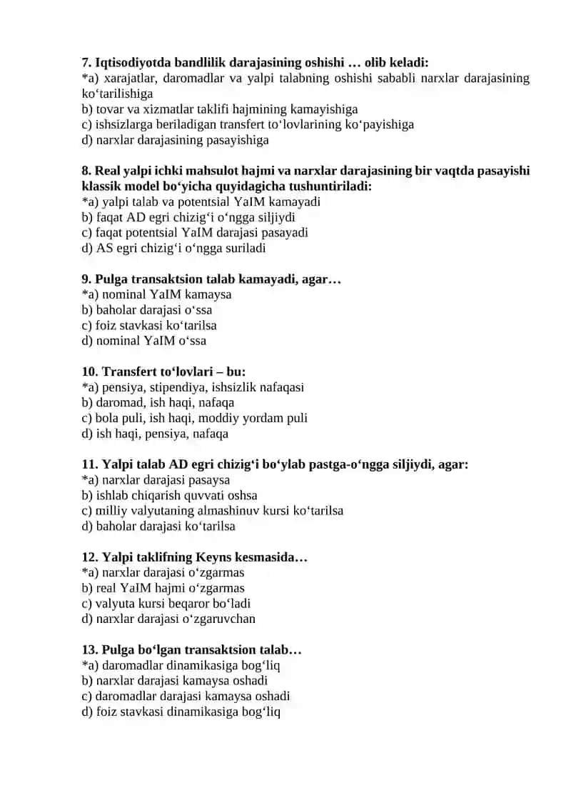 Dinamik makroiqtisodiyot fanidan yakuniy nazorat uchun test savollari 2