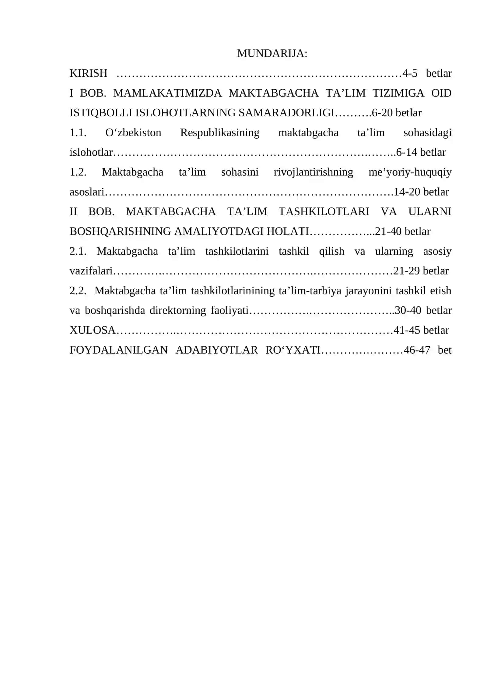 “Davlat maktabgacha ta’lim – tarbiyani nazorat qilish va ta’lim tarbiya ishlarini takomillashtirish” KURS ISHI 2