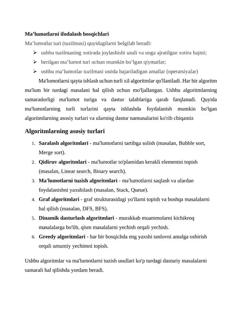 Ma’lumotlarning har xil turlarini qayta ishlash dasturlarini tuzish. Algoritmlarning turlari. Umumiy ko‘rinishdagi ma’lumotlar tuzilmalarini hosil qilish. 2