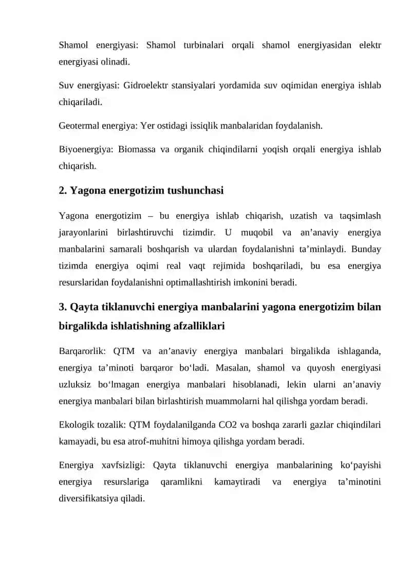 Qayta tiklanuvchi energiya manbalarini yagona energotizim bilan birgalikda ishlatish 2