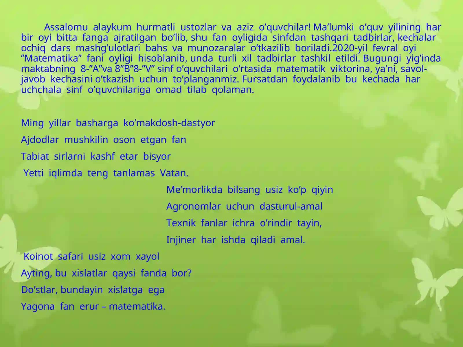 MATEMATIKA KECHASIga atalgan tadbir S E N A R I Y S I 2