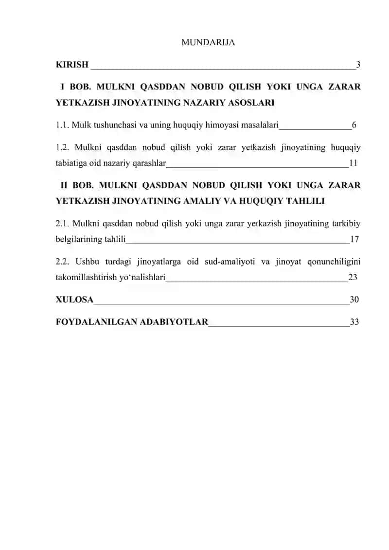 "Mulkni qasddan nobud qilish yoki unga zarar yetkazishning jinoiy-huquqiy xususiyatlari" mavzusidagi KURS ISHI 2