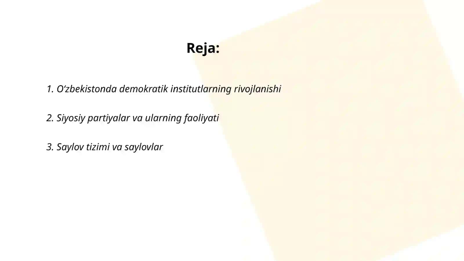 O'zbekistonda demokratik fuqarolik jamiyati asoslarining shakllanishi amalga oshirilgan siyosiy islohotlar 2