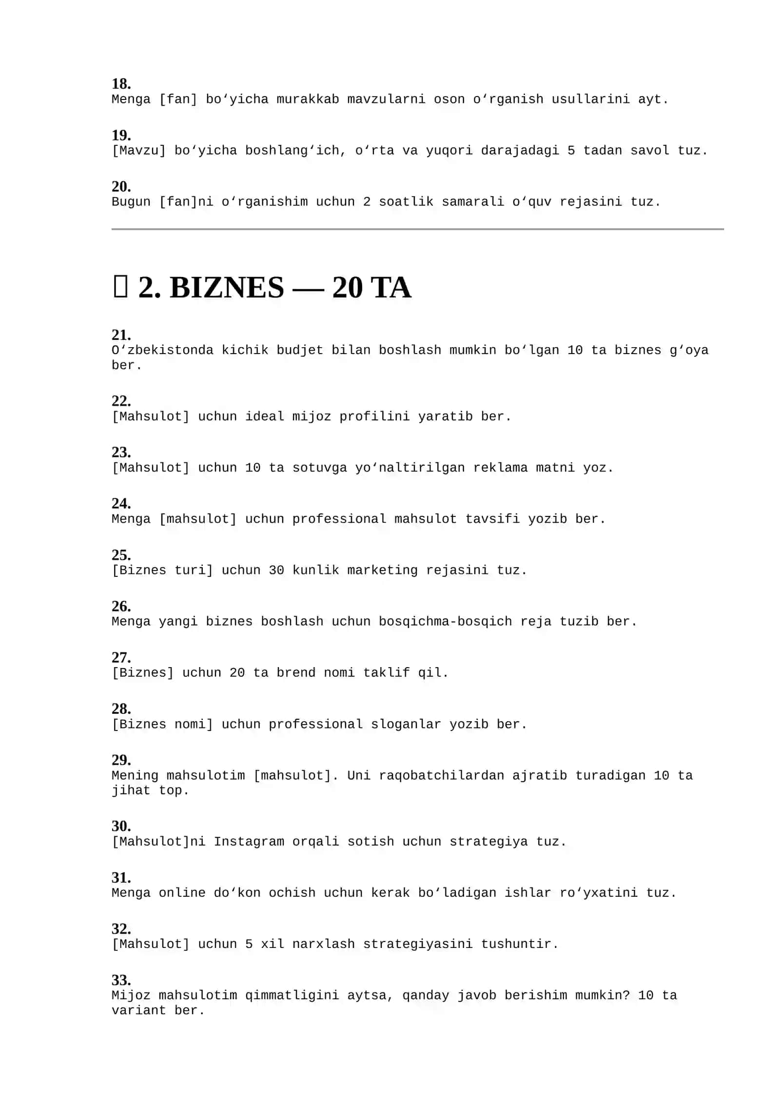 ChatGPT uchun 100 ta foydali Prompt — O‘qish, Biznes, SMM va Freelance 2