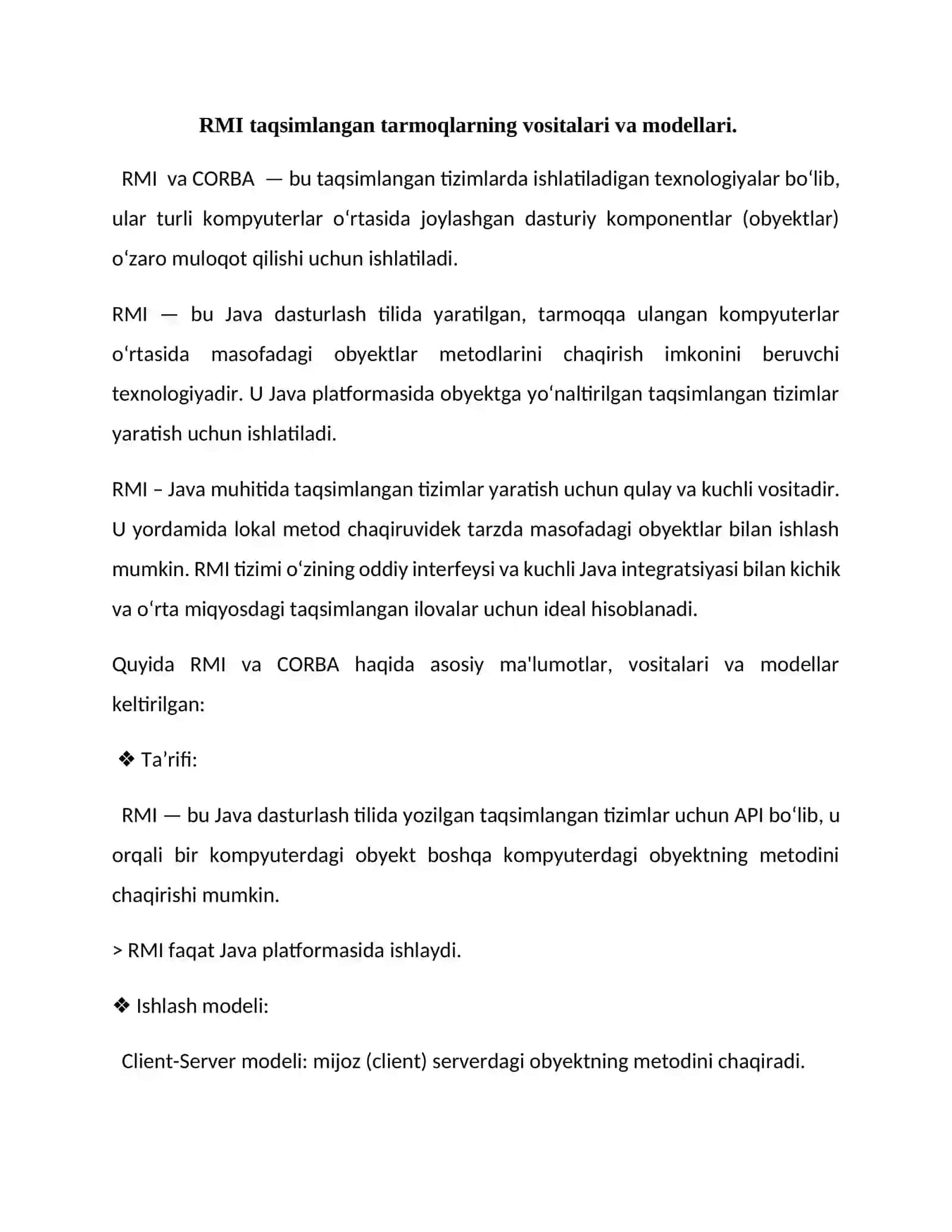 RMI va CORBI taqsimlangan tarmoqlarning vositalari va modellari 2