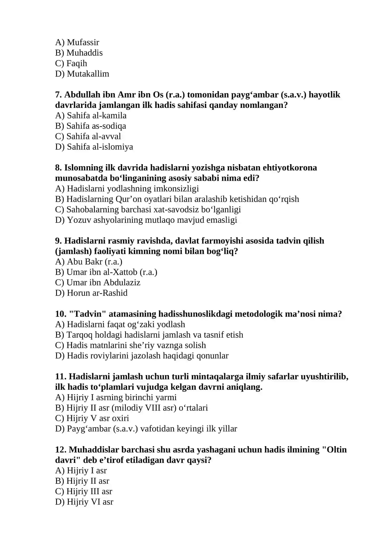 Hadisshunoslik fanidan kirish qismiga 30 ta test 2