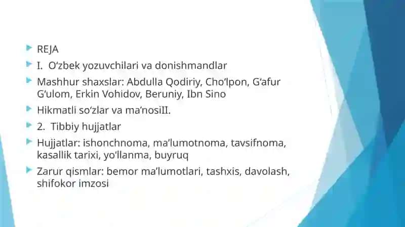 O’ZBEK   MILLIY   YOZUVCHILARI   VA   DONISHMANDLARINING    HIKMATLI   SO’ZLARI. ISHONCHNOMA,  TIBBIY   MA ‘LUMOTNOMA,    TAVSIFNOMA    VA  TIBBIY    ISH  YURITISH    HUJJATLARINI (KASALLIK  TARIXI,  KASALLIK   TARIXIDAN   KO’CHIRMA,    YO’LLANMA   VA  BUYRUQ)  RASMIYLASHTIRISHNING    ZARURIY  QISMLARI   VA   NAMUNASI. 2